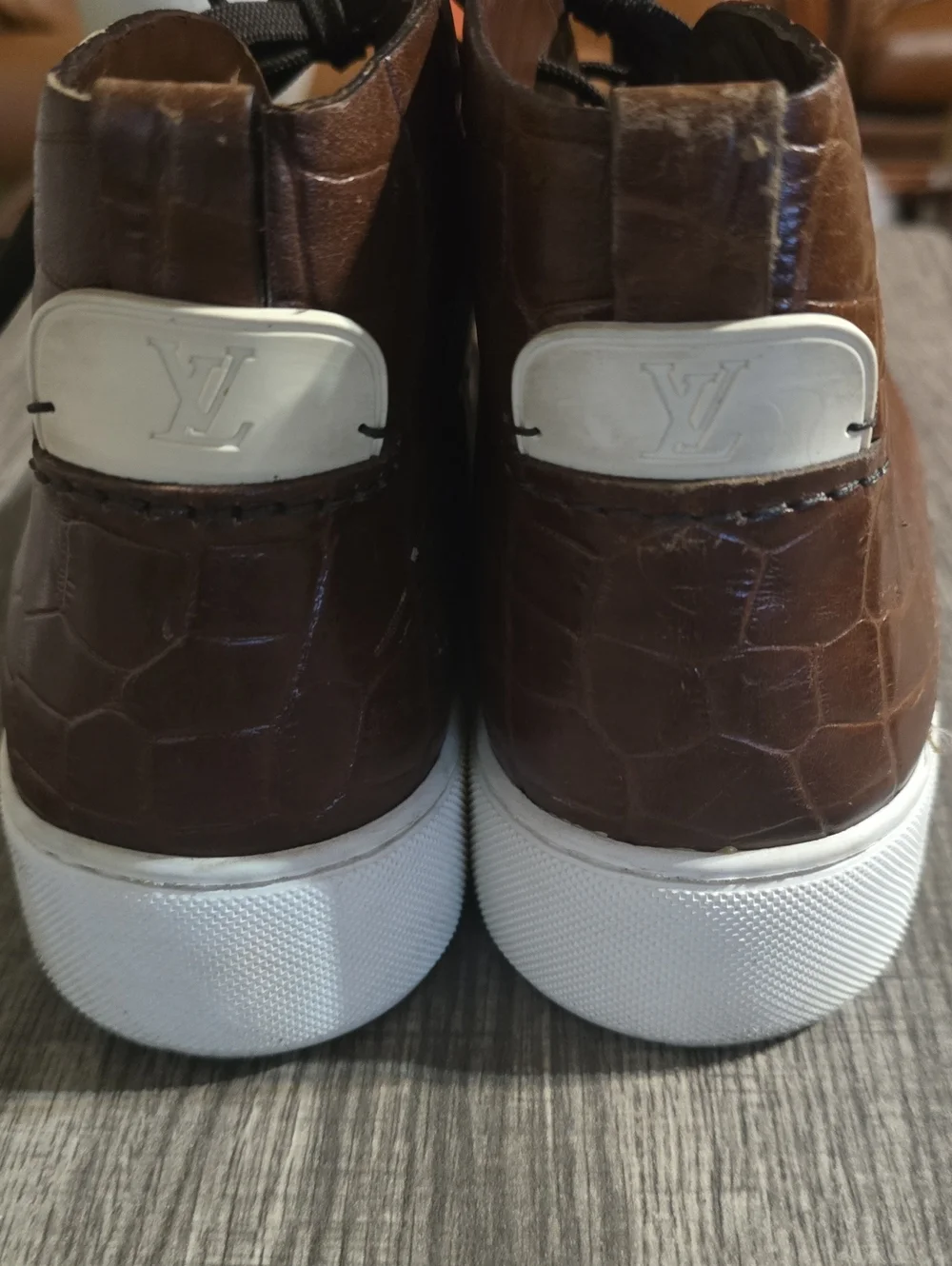 Louis Vuitton Brown Croc-Embossed Leather Chukka Boots with White Sole